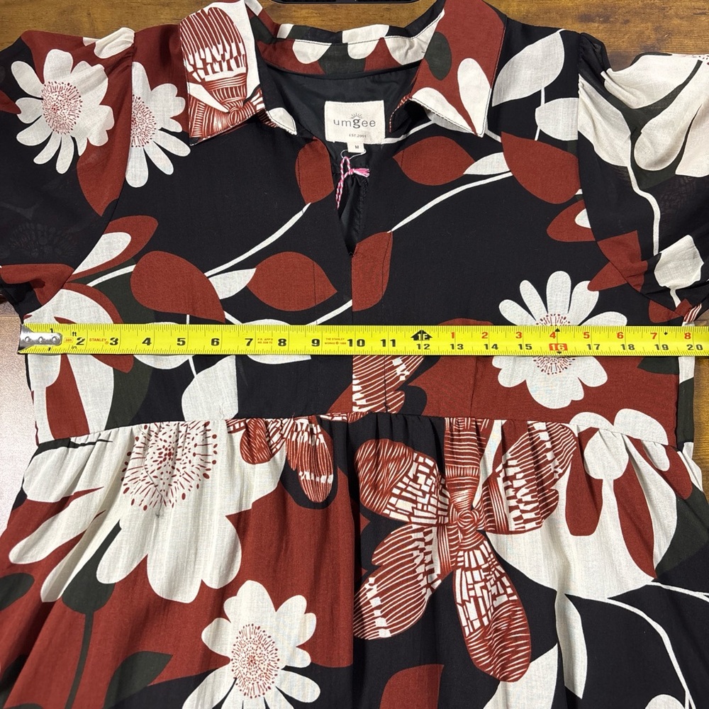 Umgee Rust Mix Floral Tiered Midi Dress 3/4 Puff Sleeves Lined NWT - Picture 7 of 8